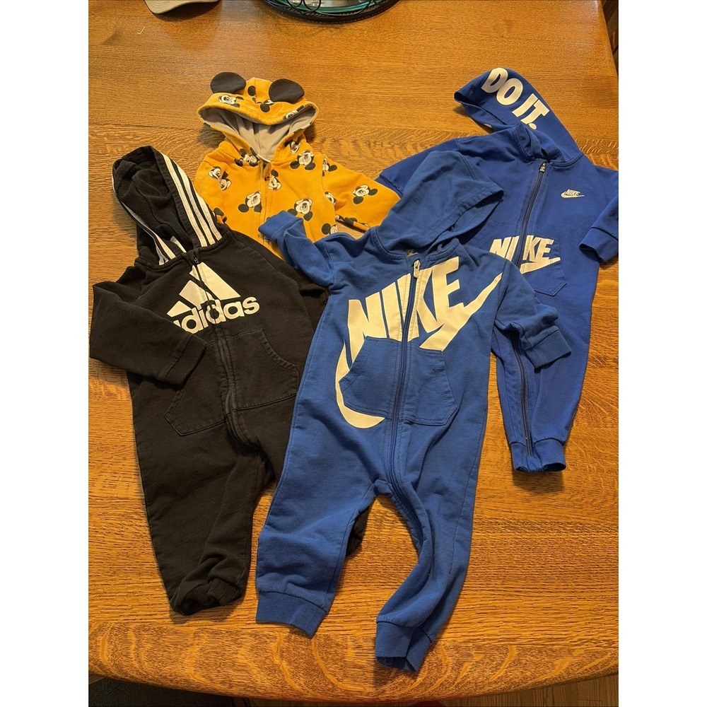 Lot of 4 Nike Adidas H&M Disney Mickey Mouse Baby Boy Hooded Romper Coverall 12M